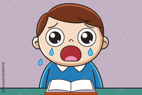 Cartoon Student Crying Over Open Book – Emotional School Scene with Purple Background