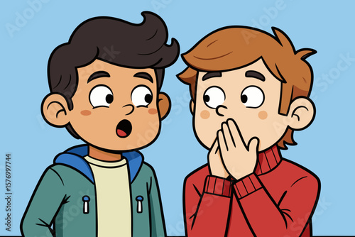 Cartoon Kids Whispering to Each Other – School Scene with Playful Characters Sharing Secrets