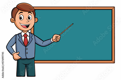 Cartoon Teacher in Suit Pointing at Chalkboard – Classroom Scene with Pointer Stick and Empty Black Board