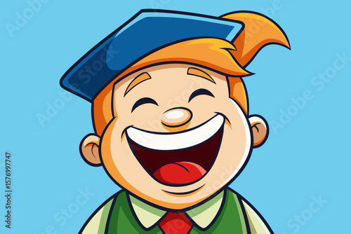 Cartoon Character in Graduation Cap Smiling – Happy Student in Green Vest on Blue Background