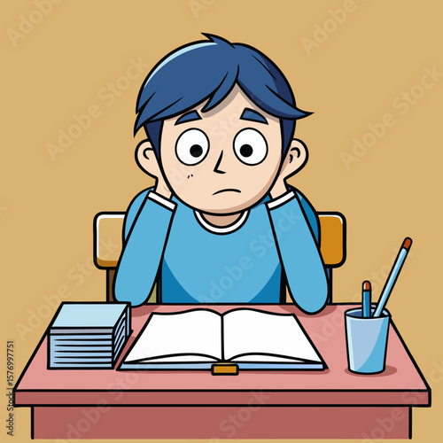 Cartoon Illustration of Student Studying at Desk – Open Book, Pencils, and Stack of Books on Solid Background