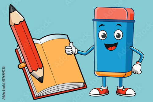 Cartoon Characters of Pencil, Eraser, and Open Book – Cheerful School-Themed Illustration on Blue Background