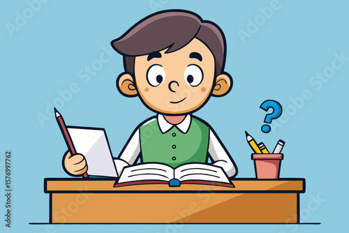 Cartoon Illustration of Boy with Pencil and Paper – Curious Student Sitting at Desk with Question Mark