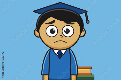 Cartoon Character in Graduation Cap and Gown – Playful Student Illustration with Books on Blue Background