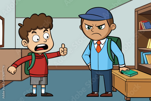 Cartoon Illustration of School Kids in Classroom – Expressive Children Talking Near Bookshelf and Desk