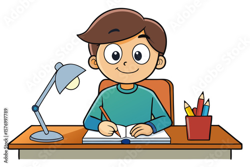 Cartoon Illustration of Person Writing at Desk – Cozy Study Scene with Lamp and Colored Pencils