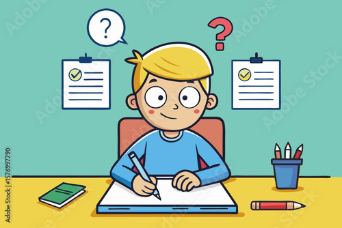 Confused School Kid Thinking While Studying with Question Marks – Colorful Education Illustration

