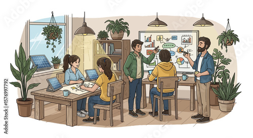 A group of diverse colleagues collaborate in a bright, plant-filled office, brainstorming ideas and working on laptops at a wooden table.