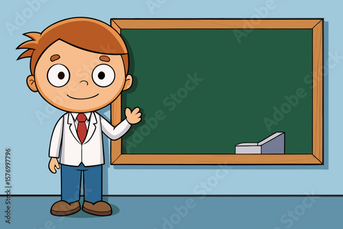 Cartoon School Boy Teacher Standing Near Blackboard – Educational Vector Illustration

