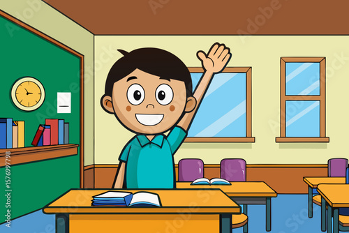 Cartoon School Boy Raising Hand in Classroom – Educational Vector Illustration

