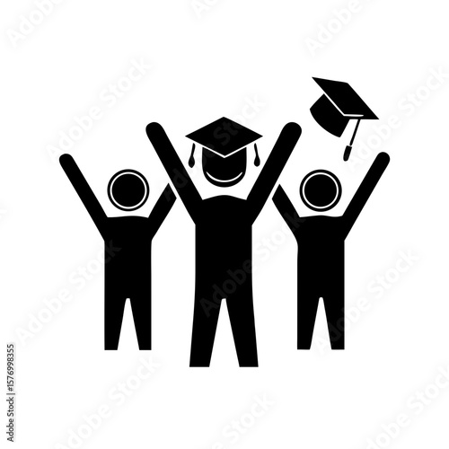 Graduation Celebration Icon – Stylized Figures with Raised Arms and Central Cap in Minimalist Black Line Art