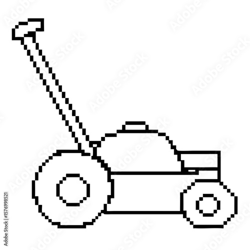 Outline illustration of a lawn mower displayed in a pixel art style