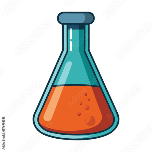 Cartoon erlenmeyer flask with orange liquid and bubbles