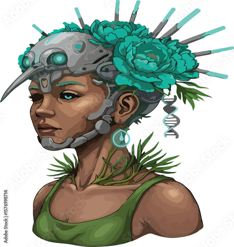 Futuristic floral cyborg woman with bio-tech elements and artistic style illustration