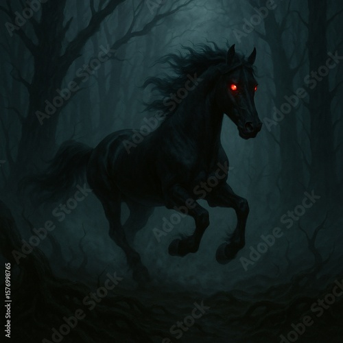 Black Horse with Glowing Red Eyes Galloping Through Dark Enchanted Forest with Twisted Roots and Mist