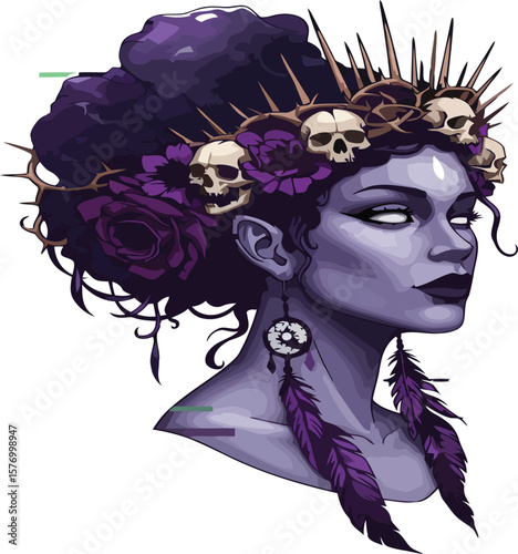 Mystical Enchantress with Skull Crown: A Gothic Fantasy Illustration of Dark Beauty