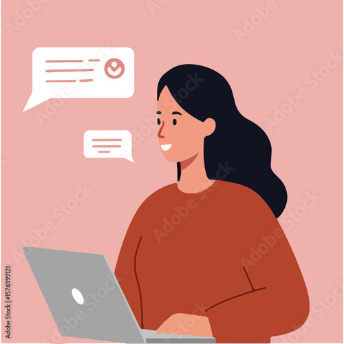 Happy Woman Using Laptop with Chat Bubbles - Online Communication