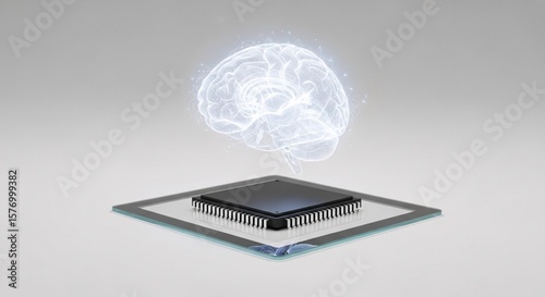 Artificial Intelligence Brain Processing Data on a Futuristic Computer Processor - Conceptual 3D Render of Technology, Machine Learning, and Digital Thinking on a Clean White Background
