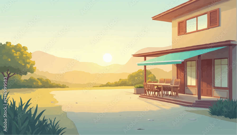 Fototapeta premium Serene Riverside House with Outdoor Dining Area and Sunset View
