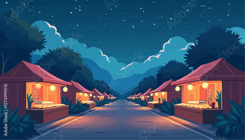 Night Market Scene with Illuminated Stalls Under Starry Sky in Serene Nature Setting