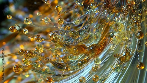 Macro view of flowing liquid forming an abstract vortex with amber colored particles