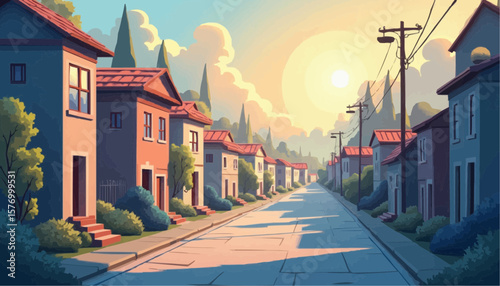 Sunset Residential Neighborhood Street with Modern Houses and Tree-lined Sidewalks