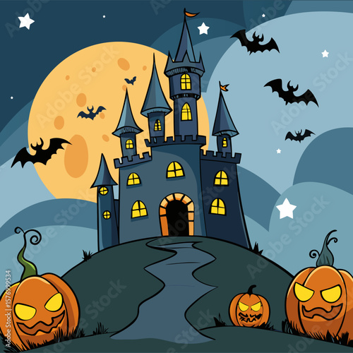 Spooky Halloween Castle at Night with Pumpkins and Flying Bats – Vector Illustration