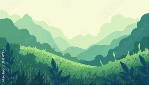 Serene Green Mountain Landscape Illustration with Lush Foliage and Soft Light