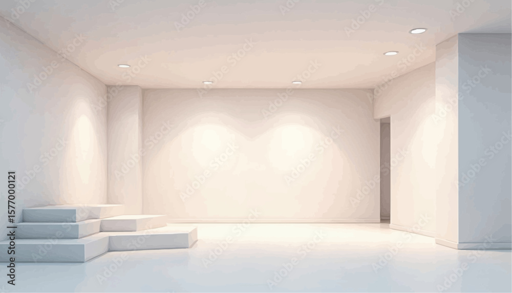 Fototapeta premium Minimalist White Interior Empty Room with Recessed Lighting and Step Platform