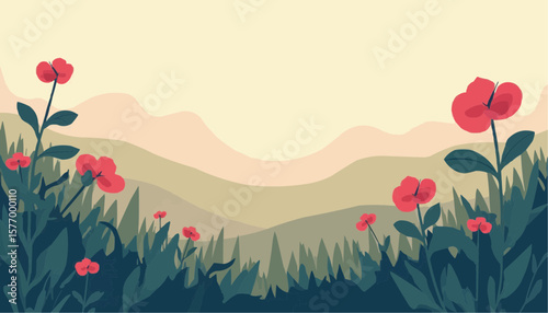 Stylized Floral Landscape Illustration with Pink Flowers and Mountain Background