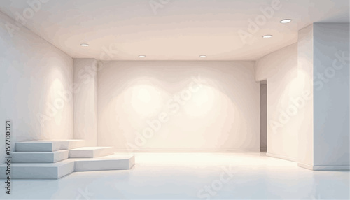 Minimalist White Interior Empty Room with Recessed Lighting and Step Platform