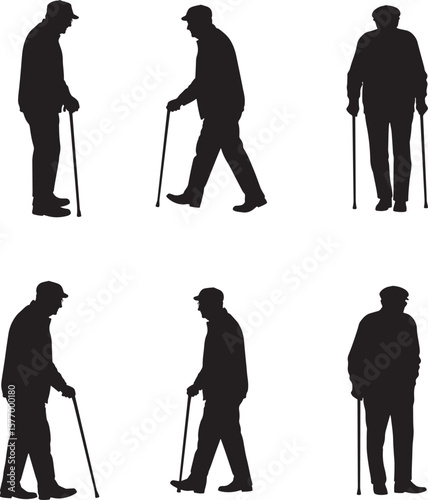 Elderly Man with Cane Silhouette Set