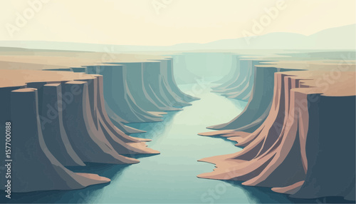Abstract Digital Illustration of Deep Canyon with River and Cliffs in Soft Pastel Colors
