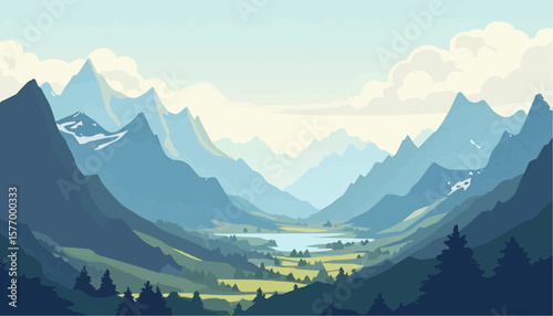Colorful Mountain Landscape with Valleys and Lakes in Bright Morning Light