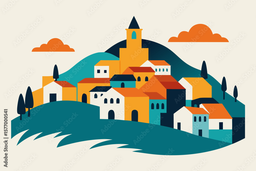 Naklejka premium Charming cartoon illustration of a colorful whimsical cityscape with buildings and plants isolated on white background isolated on transparent background
