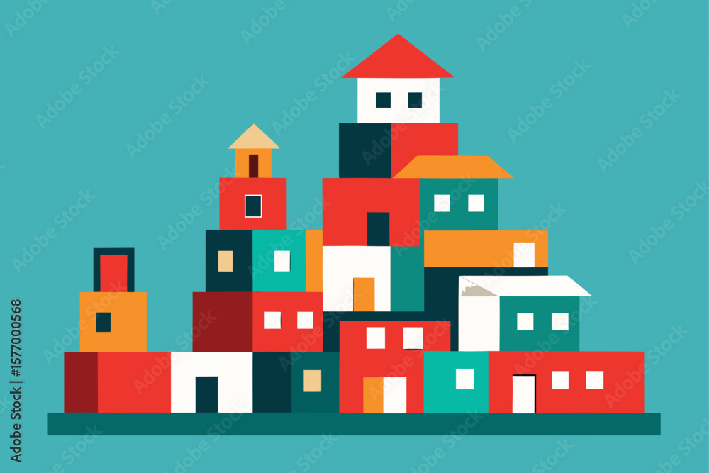 Fototapeta premium Charming cartoon illustration of a colorful whimsical cityscape with buildings and plants isolated on white background isolated on transparent background
