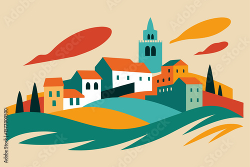 Wallpaper Mural Charming cartoon illustration of a colorful whimsical cityscape with buildings and plants isolated on white background isolated on transparent background Torontodigital.ca