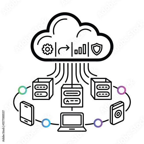Black and White Line Art Diagram Depicting Cloud Computing Network Data Transfer Between Servers Laptop Smartphone Tablet and Cloud Server Data Storage Security Icons