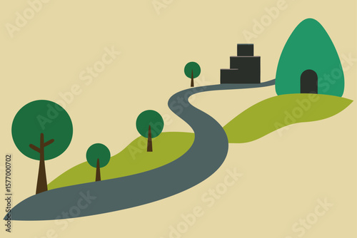 Winding Road Journey Scenic Route Through Lush Green Hills and Mysterious Cave