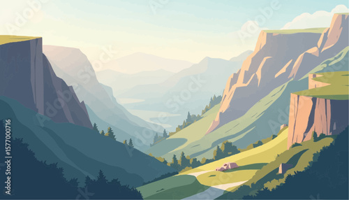 Serene Mountain Landscape Illustration with Valleys and Cliffs in Soft Colors