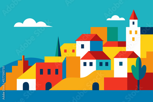 Vibrant Coastal Town A Colorful Mediterranean Village Illustration