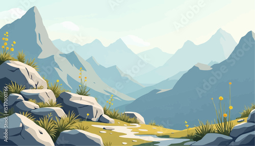 Serene Mountain Landscape with Rocky Terrain and Wildflowers in Soft Pastel Colors
