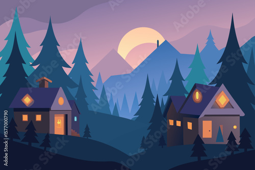 Serene Mountain Village at Dusk A Peaceful Nighttime Landscape Illustration