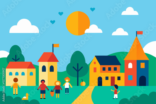Charming Village Scene Colorful Houses, Happy Children, and a Sunny Day