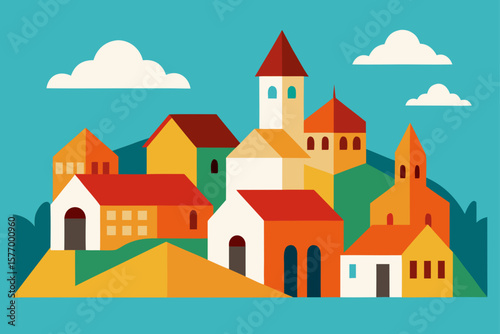 Charming Colorful Hilltop Village Illustration A Picturesque European Town