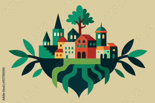 Charming Village nestled in Nature A vibrant illustration of peaceful coexistence