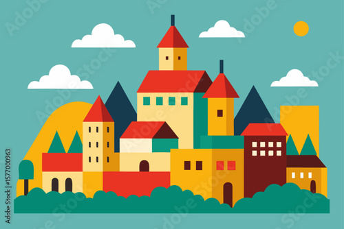 Charming Medieval Village Illustration A Picturesque Architectural Landscape