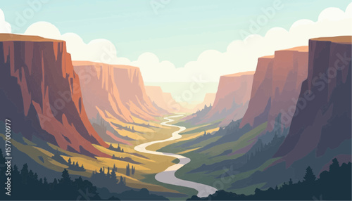 Beautiful Digital Illustration of Grand Canyon Landscape with River in Soft Pastel Colors