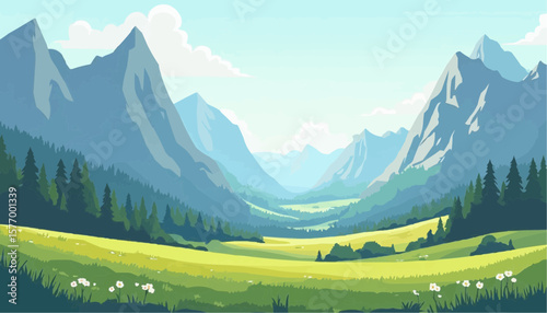 Scenic Mountain Landscape Illustration with Green Valleys and Forests