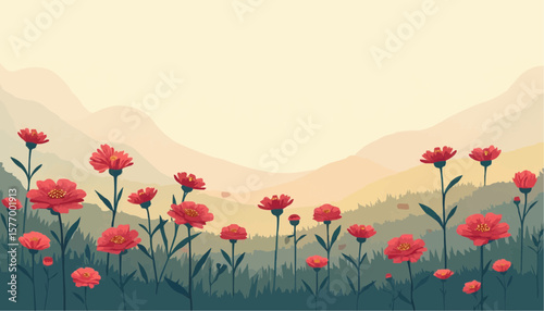 Stylized Red Flower Field with Mountain Background in Soft Pastel Colors